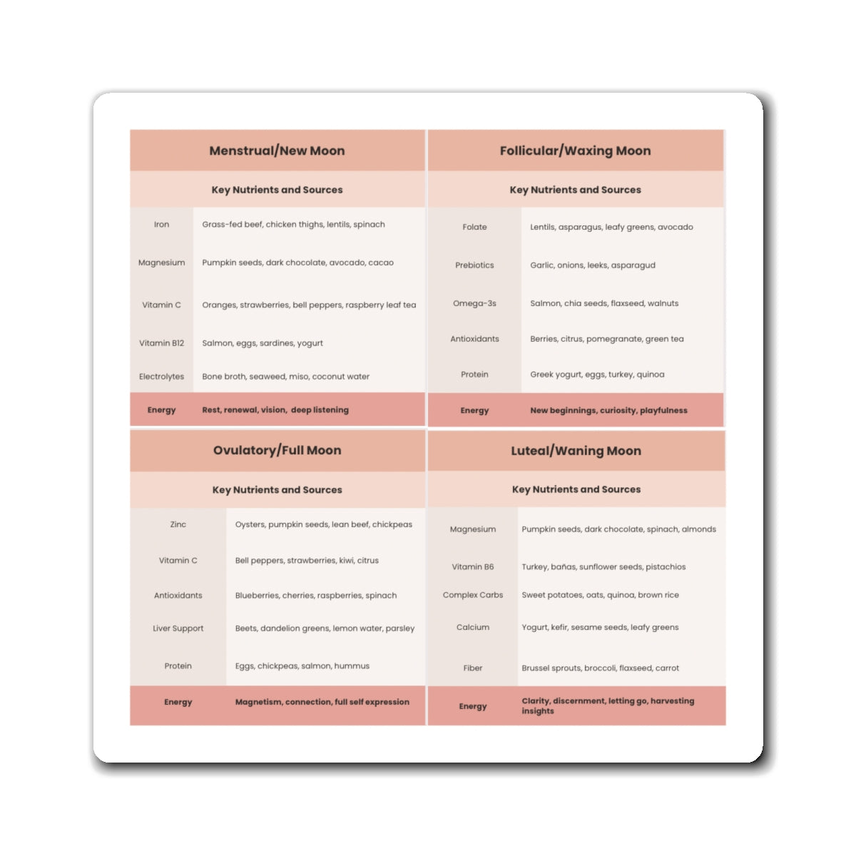 Menstrual Cycle Nutrient Guide Magnet — 4-Phase Fertility & Wellness Chart